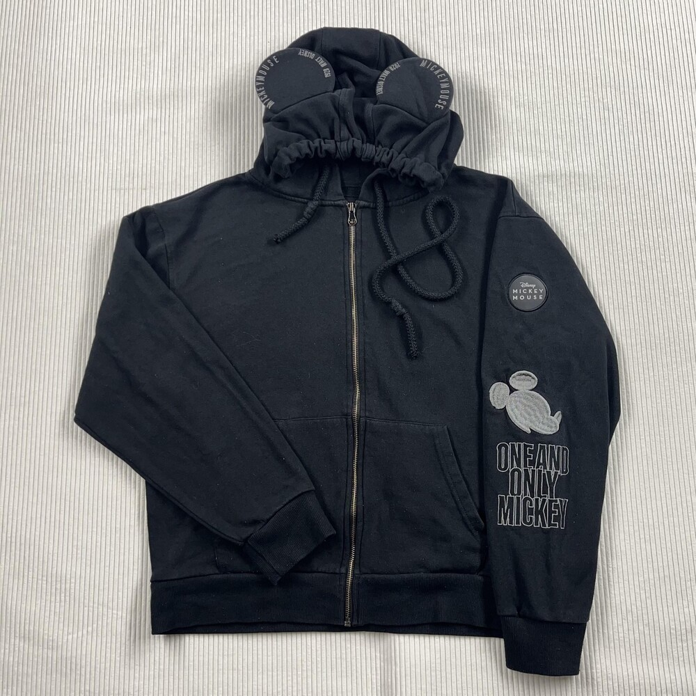 Disney Mickey Mouse Hoodie Sweatshirt Womens M Black Zip Ears Graphic Fleece